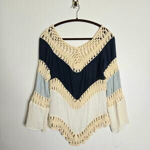 Boho Festival Crochet Gauze Bell Sleeve  Top S V-Neck Beach Summer 70s Hippie